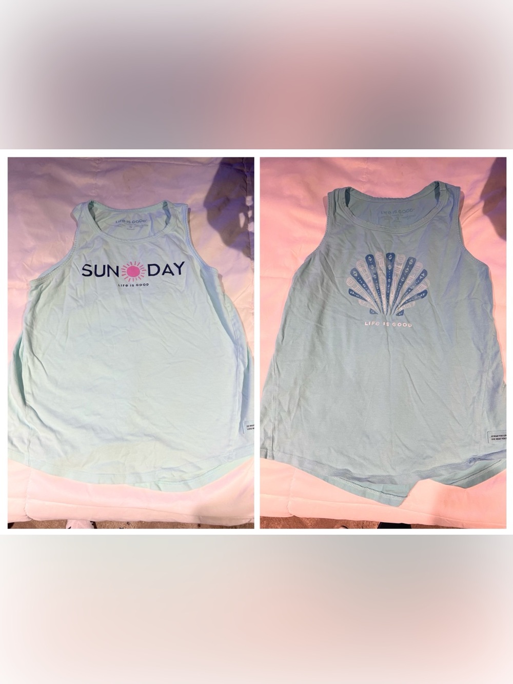 Set of 2 Life Is Good Light Blue Tank Tops with Sun & Shell Graphics Size Small
